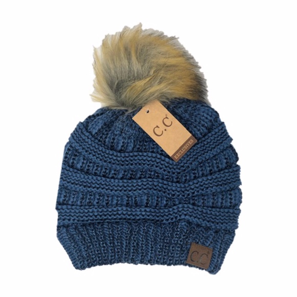 C. C. Enterprises Accessories - NWT Denim Metallic Beanie with faux Fur Pom Pom